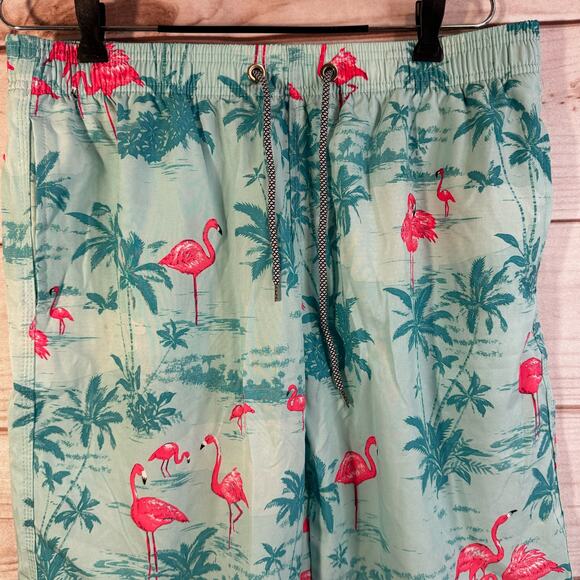 Blue Floral & Pink Flamingos Print Bathing Suit Trunks Size Large - Picture 2 of 4